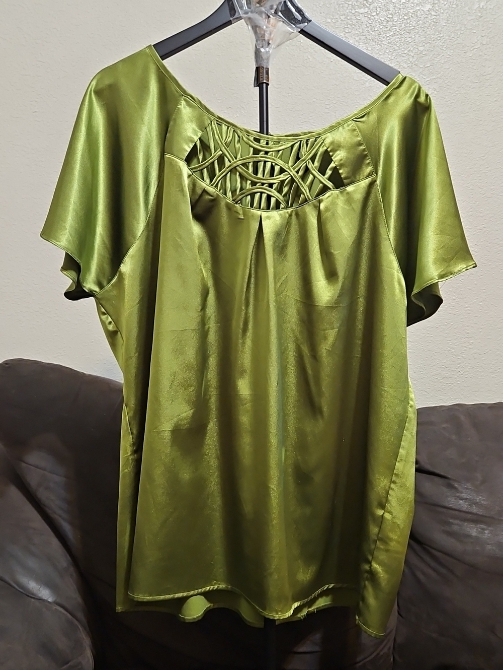 Essentials by Milano Olive Satin Flutter Sleeve Top with Lattice Yoke